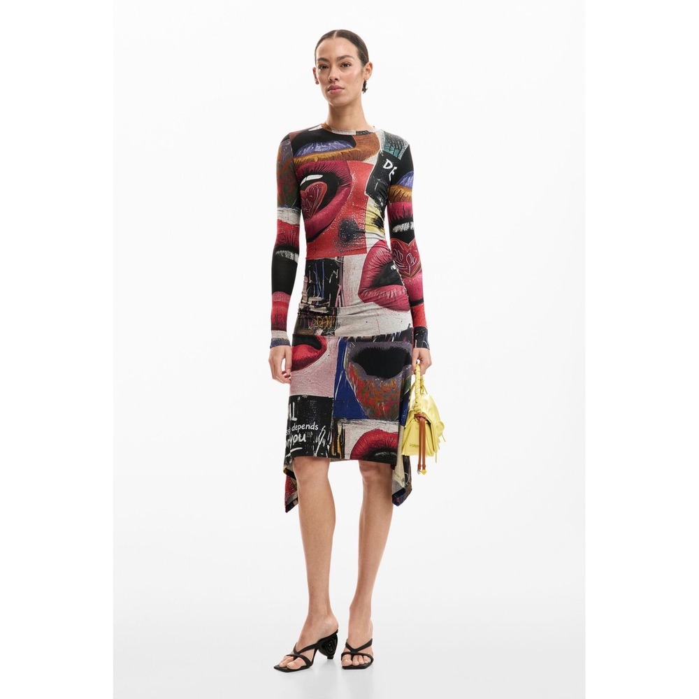 Desigual Ruched Pop Art Midi Dress Multicolor Size M Y2K Art to Wear